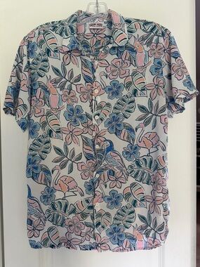 Men's Ron Jon Surf Shop Tropical Print Short Sleeve Rayon Shirt with Flamingoes